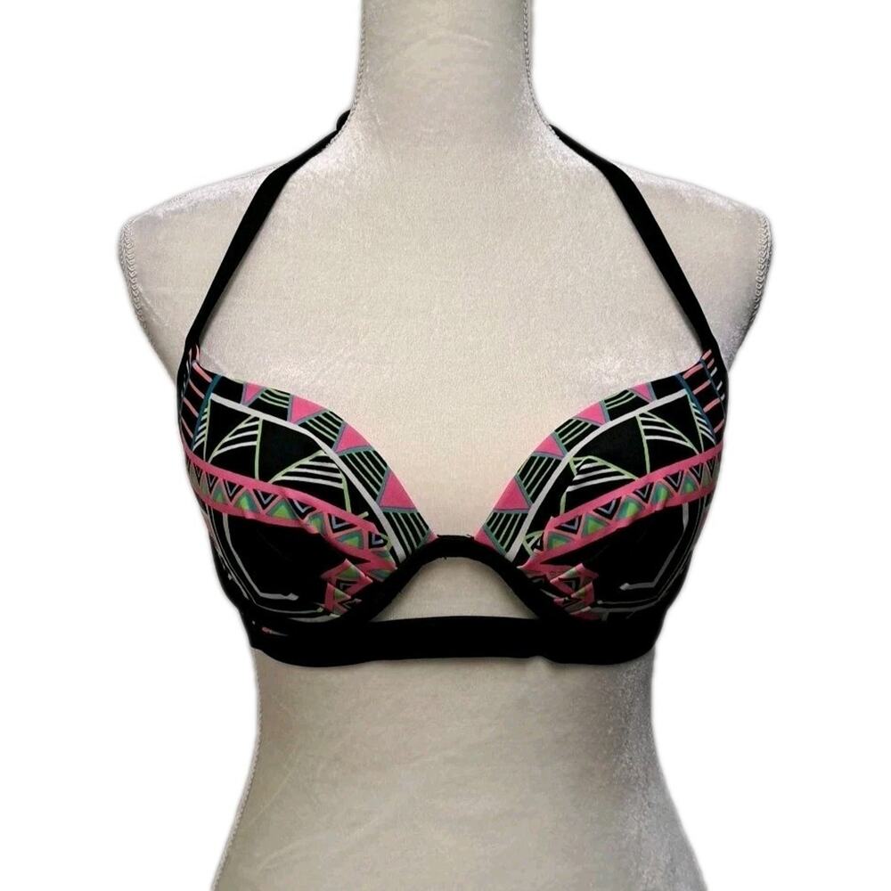 Coco Rave Bikini Swim Top Womens 34 B/C Cup Black Neon Geo Print Underwire Beach